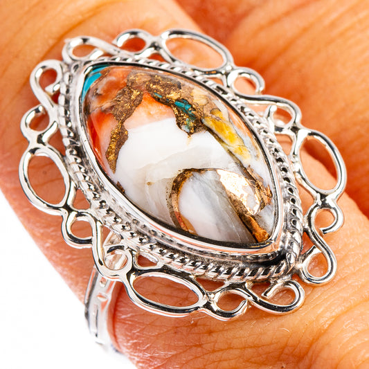 Sterling silver oval spiny oyster turquoise ring with ornate heart filigree