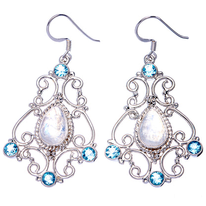 Signature Rainbow Moonstone, Blue Topaz Earrings 2 1/4" (925 Sterling Silver) E1077
