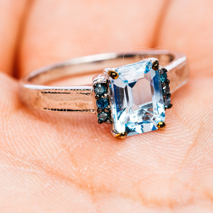 Blue Topaz, Blue Diamond Ring Size 6.75 (.925 Sterling Silver)