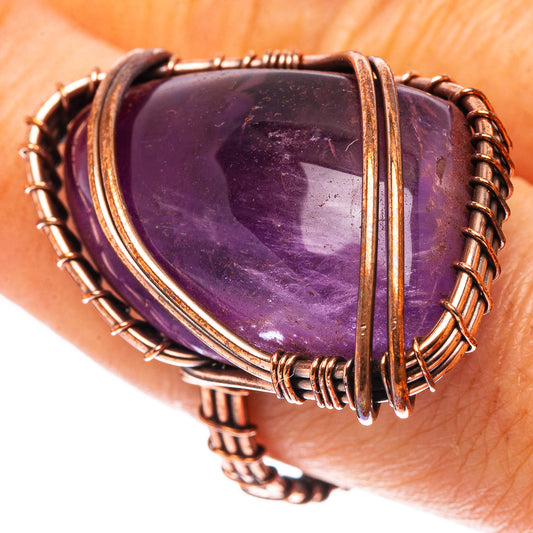 Amethyst gemstone ring in oxidized copper wire, oval purple stone, size 8