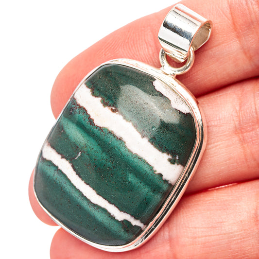 925 sterling silver jasper pendant with green stone, white veining, and oval bail loop