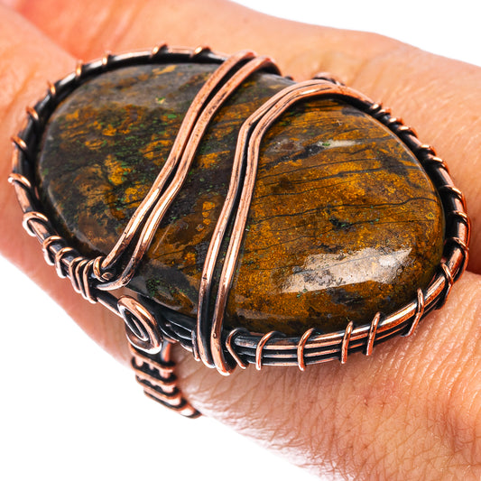Oxidized copper wire wrap ring with dark green-brown agate cabochon