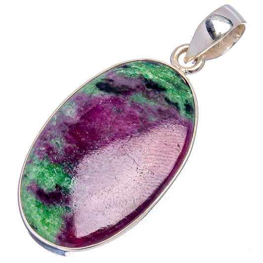 Oval ruby zoisite pendant with sterling silver bail and bezel, mottled purple and green.