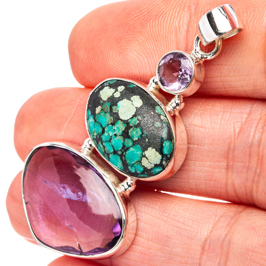 925 sterling silver pendant with oval turquoise and amethyst stones, bail top