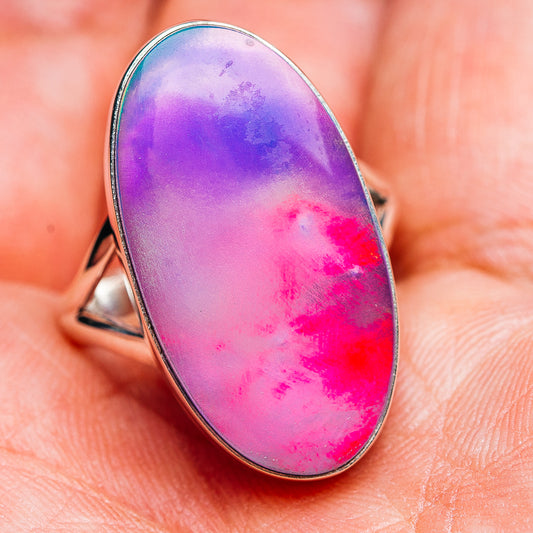 Oval pink-purple opal bezel ring, .925 sterling silver band, size 9