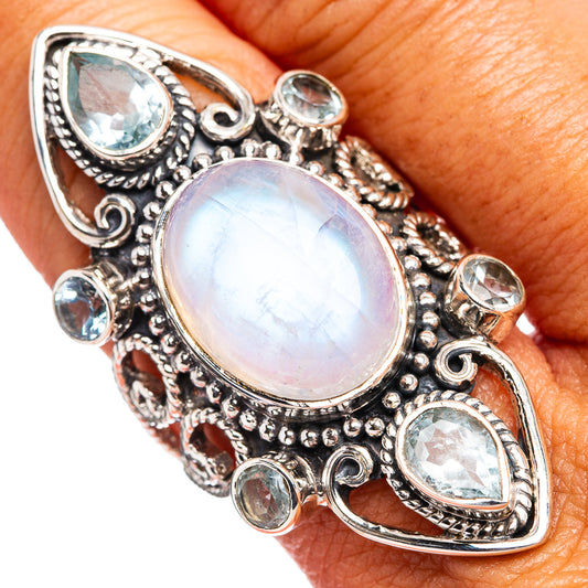 Signature Rainbow Moonstone, Aqaumarine Ring Size 9 (.925 Sterling Silver)