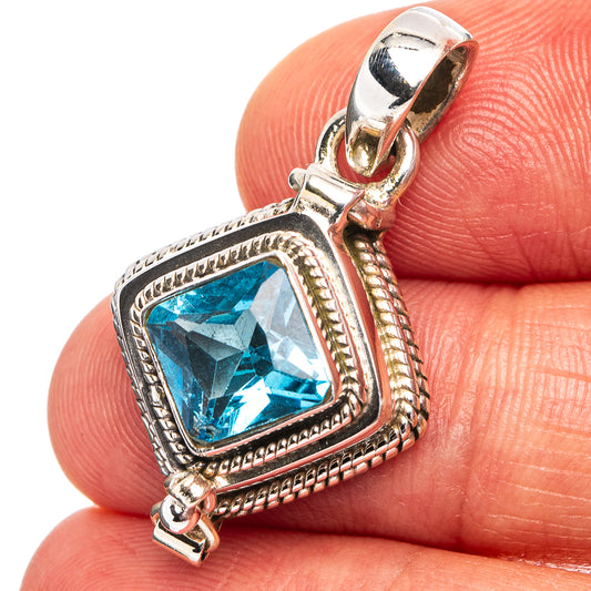 925 sterling silver pendant with square blue gemstone in ornate halo setting