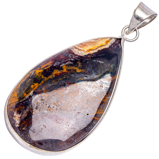 Silver-plated teardrop agate pendant with banded yellow, blue, and dark stone face