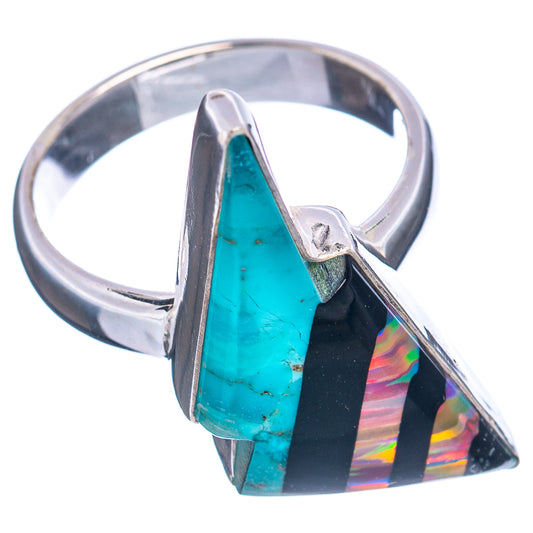 Sterling silver band ring with turquoise opal bolt, black stripe and prismatic side