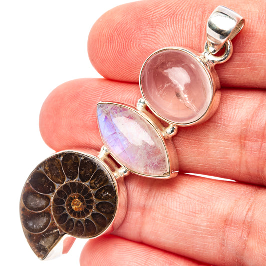 Sterling silver pendant with rose quartz, moonstone, and ammonite fossil