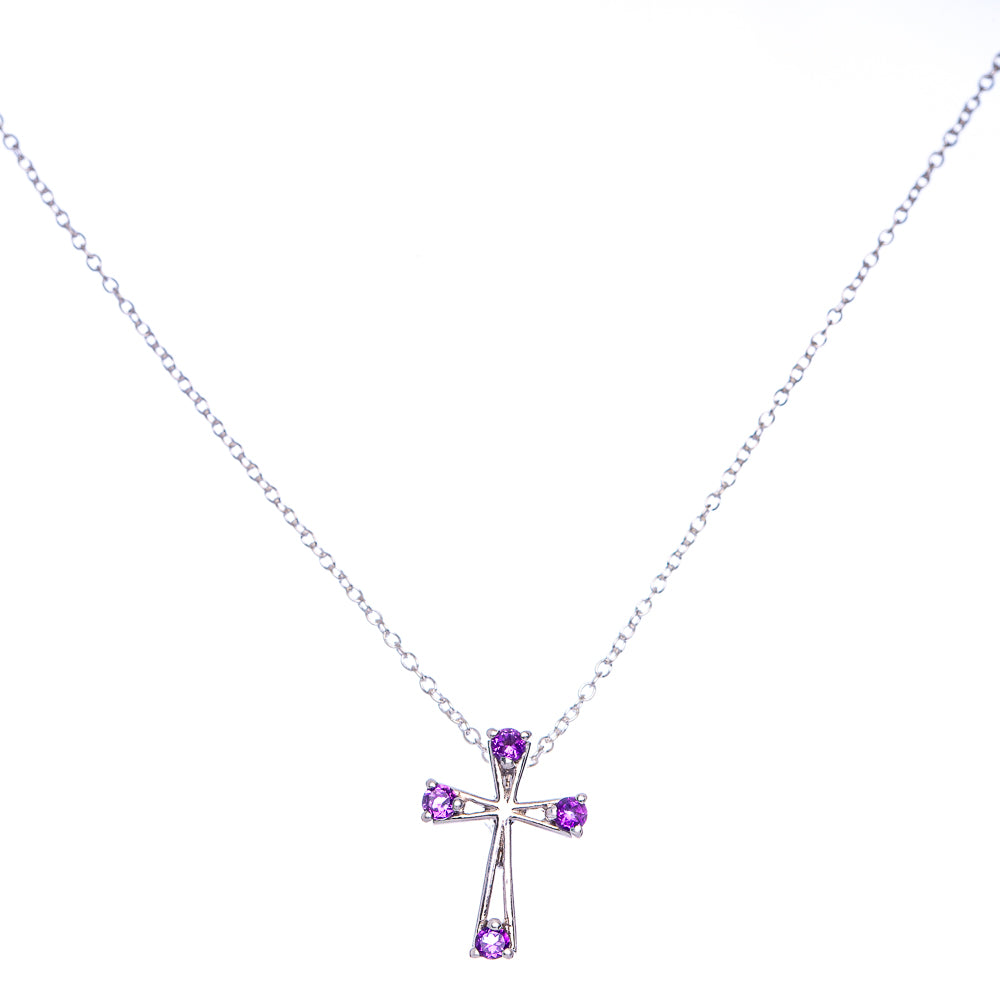 Sterling silver cross pendant necklace with faceted purple stones on chain