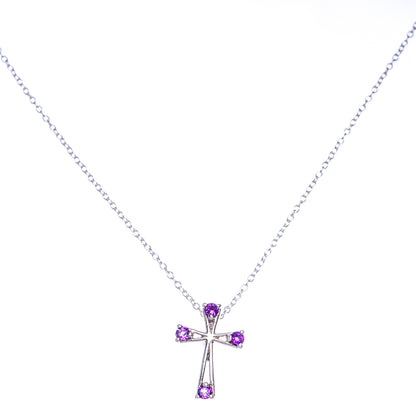Sterling silver cross pendant necklace with faceted purple stones on chain