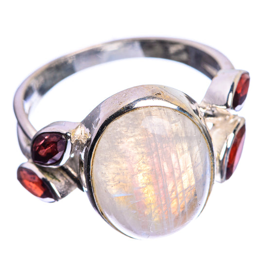 Rainbow Moonstone, Garnet 925 Sterling Silver Ring Size 9.75