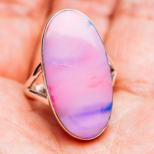 Oval iridescent pink opal cabochon ring, size 9, .925 sterling silver