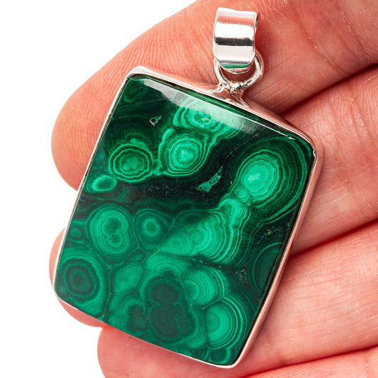 Malachite pendant on .925 sterling silver bail, square green gemstone with banded pattern
