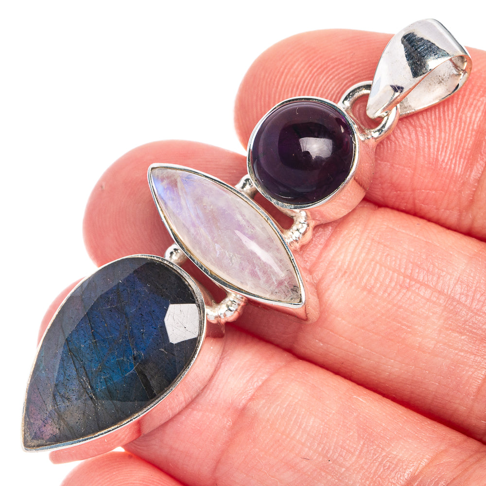 Labradorite, Rainbow Moonstone, Amethyst Pendant 2" (925 Sterling Silver) P39790