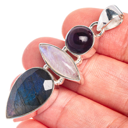 Labradorite, Rainbow Moonstone, Amethyst Pendant 2" (925 Sterling Silver) P39790