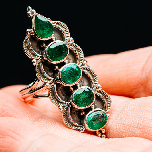 Exclusive 5-Gemstone Faceted Zambian Emerald Ring Size 9 (.925 Sterling Silver)