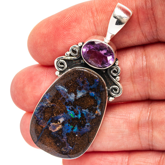 Amethyst and boulder opal sterling silver pendant, oval cabochons with ornate bezel