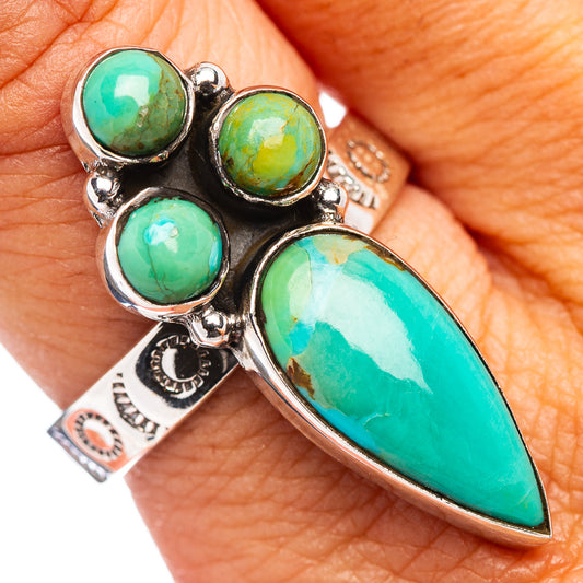 Turquoise teardrop and round stone sterling silver adjustable ring, side detail.