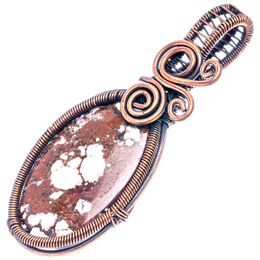 Oxidized copper wire-wrap teardrop pendant, marbled white wild horse jasper cabochon front