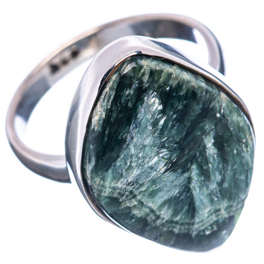 Sterling silver seraphinite ring, oval green stone face with high-shine bezel