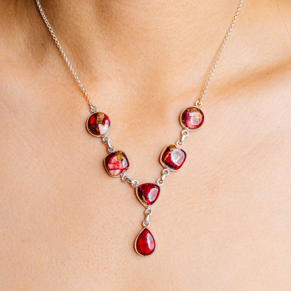 Red Dahlia Mohave Turquoise Necklace 16 to 18" (.925 Sterling Silver)