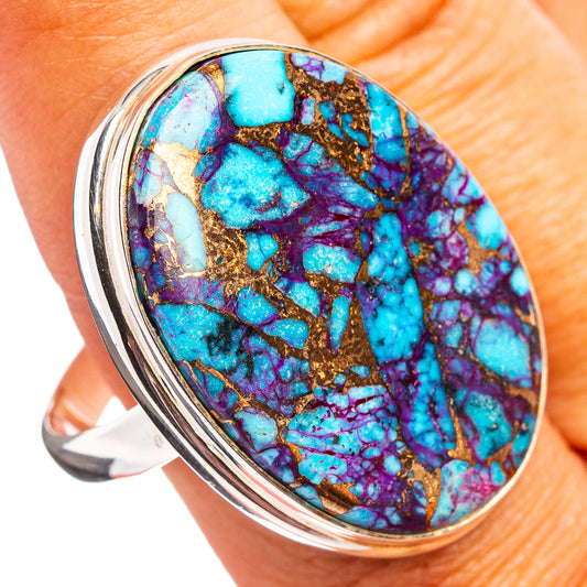 925 sterling silver oval ring with multicolor turquoise, purple and copper cabochon