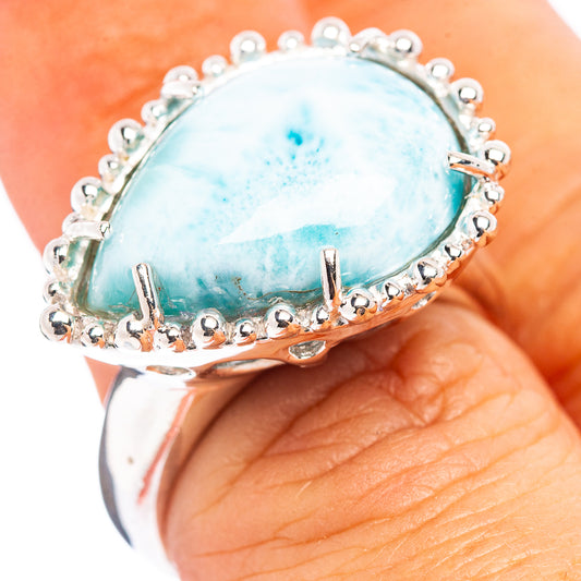 Oval larimar gemstone ring with light blue stone and silver bead halo, size 6.5
