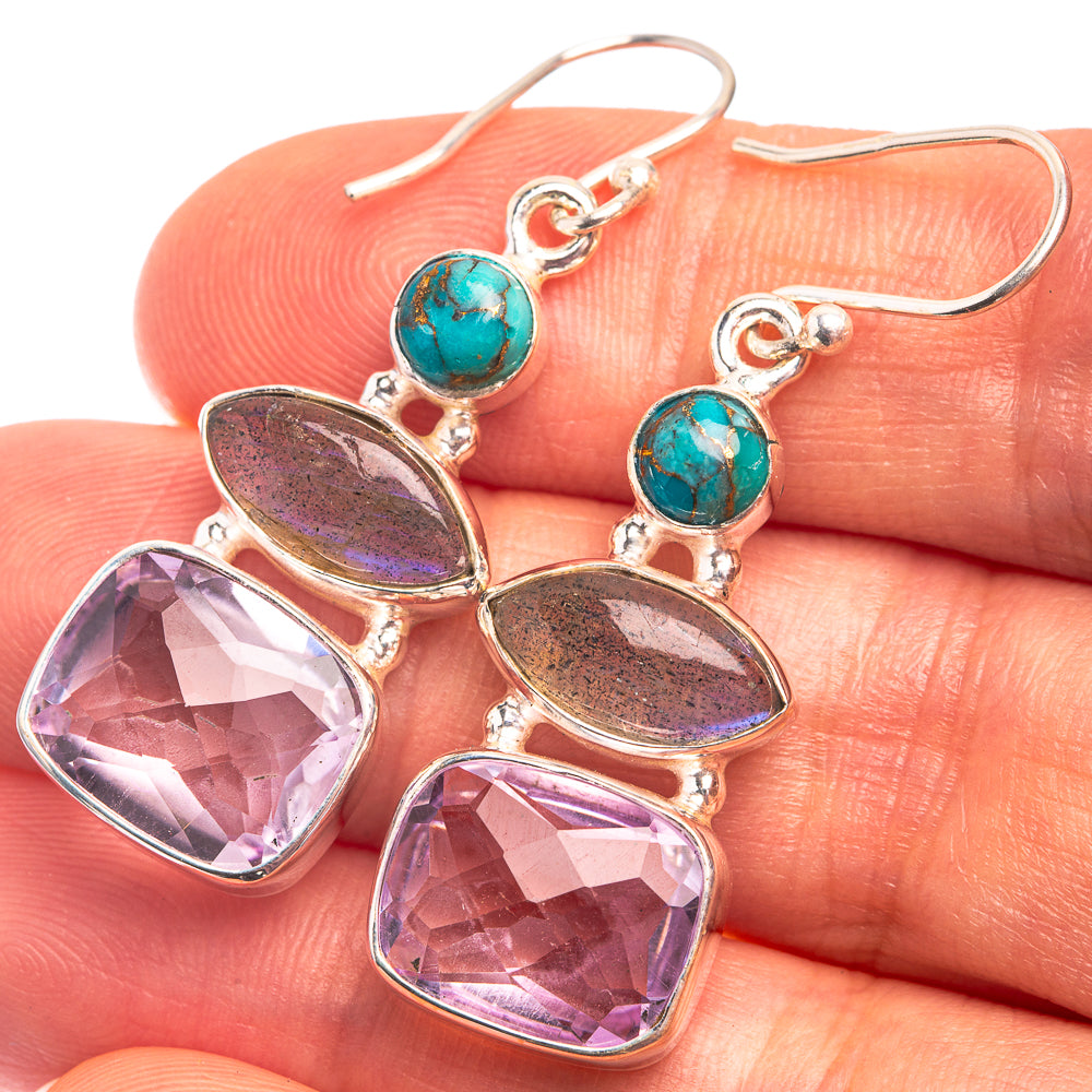 Turquoise bead and faceted amethyst drop earrings with marquise silver accents