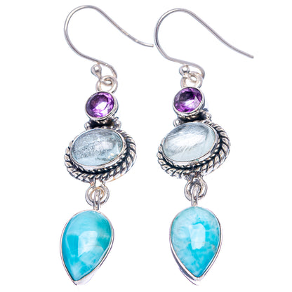 Premium Larimar, Aquamarine, Amethyst Earrings 2" (.925 Sterling Silver)