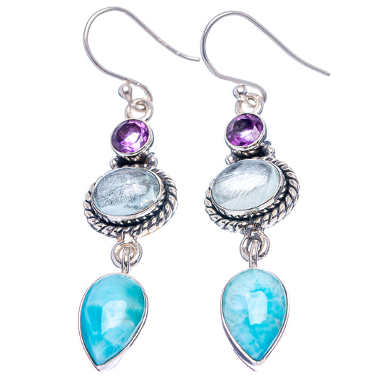 925 sterling silver amethyst and larimar earrings with purple round and blue teardrop stones