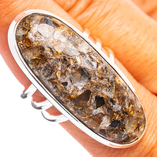 Oval .925 sterling silver matrix ring with dark brown, gold and gray stone in bezel