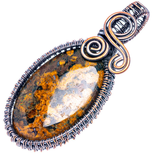 Oxidized copper wire wrap pendant with oval Hungarian agate stone, amber and gray