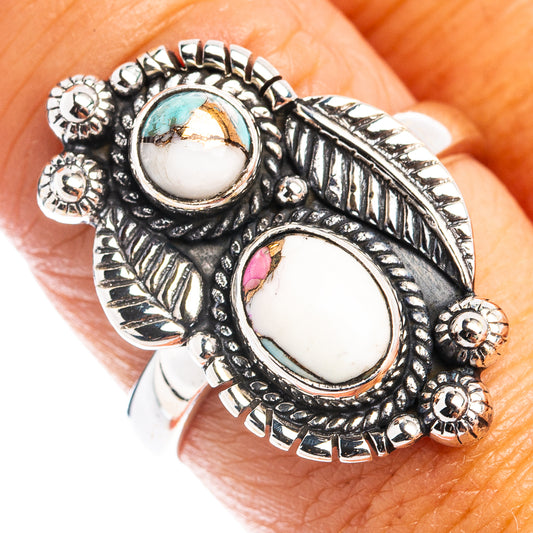 Turquoise and pink oval inlay sterling silver ring with ornate split shank