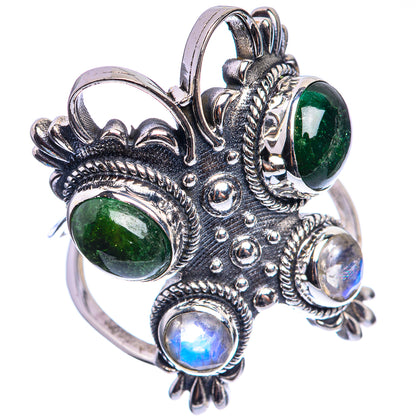 Large Green Tourmaline, Rainbow Moonstone 925 Sterling Silver Ring Size 8.75