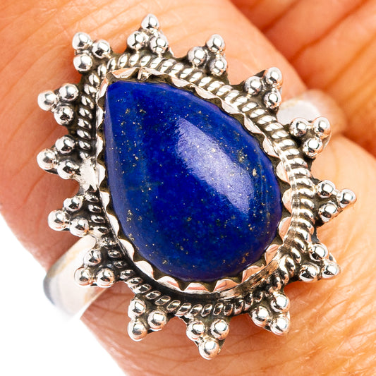 Lapis lazuli ring with teardrop blue stone and ornate .925 sterling silver bezel