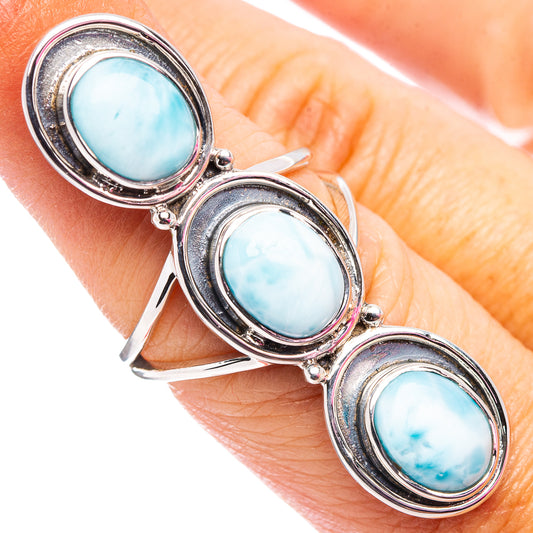 Oval larimar gemstone ring in .925 sterling silver, three light-blue stones, size 6.75.