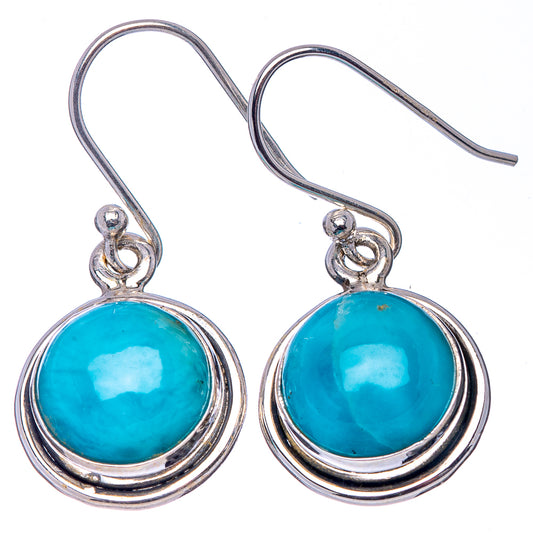 Round turquoise larimar dangle earrings in .925 sterling silver, hook backs