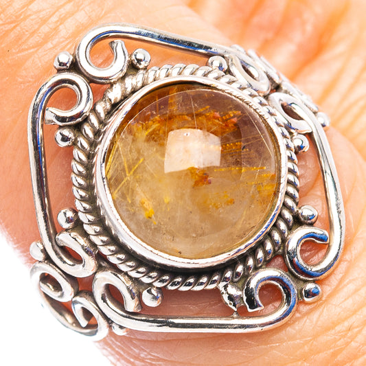 Sterling silver star rutilated quartz ring, round cabochon with ornate beaded setting