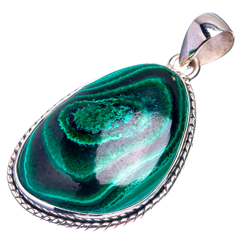 Oval malachite pendant with silver rope-edge bezel and loop bail, green and black stone.