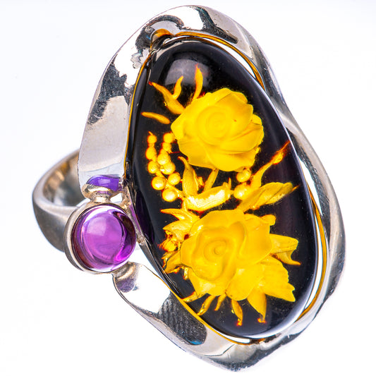 Amber Intaglio Rose Ring Size 6 Adjustable (925 Sterling Silver) R3817