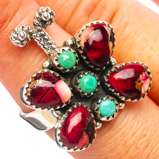 Sterling silver adjustable ring with red and turquoise oval cabochon stones, heart setting