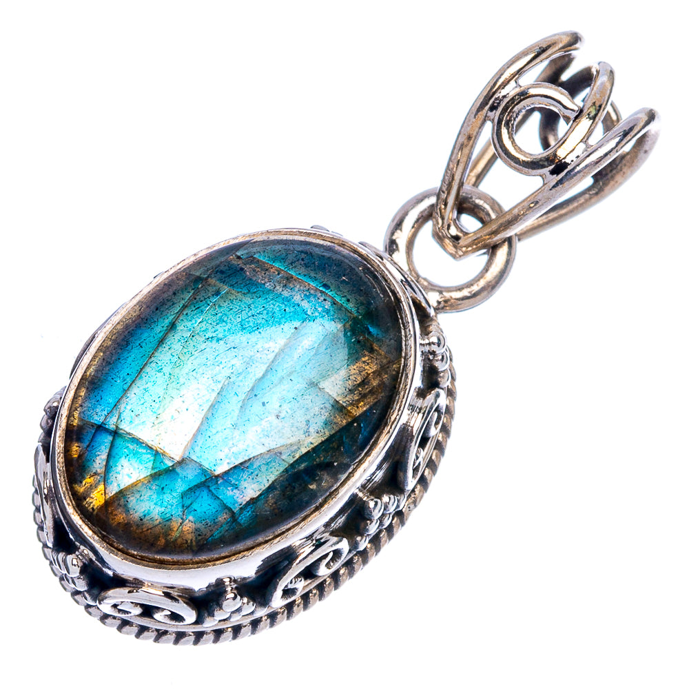 Iridescent oval labradorite pendant with blue flashes, 925 sterling silver halo setting