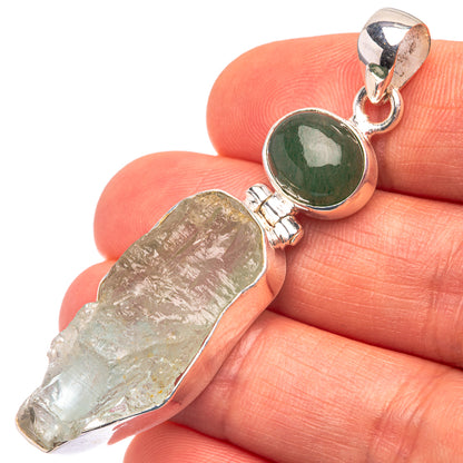 Raw Aquamarine, Green Aventurine 925 Sterling Silver Pendant 2 1/4" (925 Sterling Silver) PD38611
