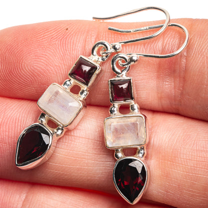 Rainbow Moonstone, Garnet Earrings 1 1/2" (925 Sterling Silver) E432465