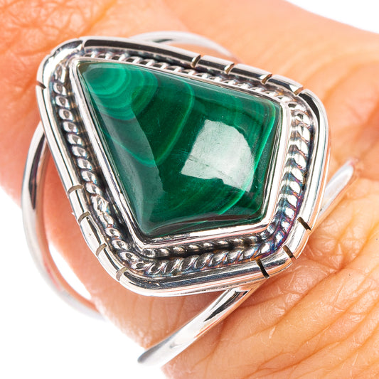 Sterling silver malachite cabochon ring with square green stone, ornate border