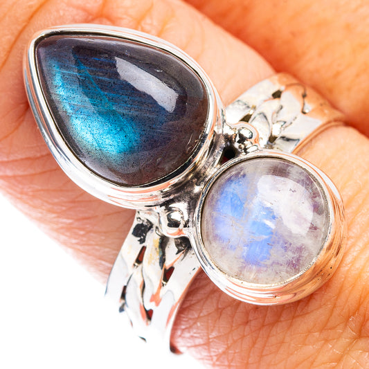 Sterling silver double-stone ring with blue labradorite teardrop and moonstone oval