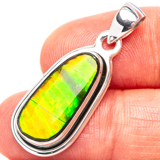 Sterling silver ammolite pendant with oval green-yellow stone, bail loop detail