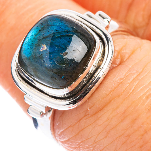 Sterling silver oval labradorite ring, blue stone in a raised bezel, size 7